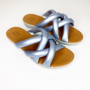 Fitflop Helga Padded Puffy Criss Cross Strap Sandals Slides Silver Blue Size 8